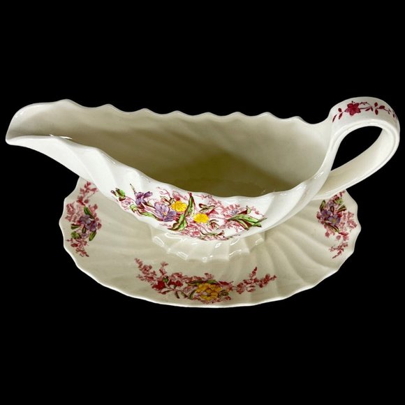 Copeland Spode Fairy Dell Gravy Boat Attached Underplate Made England Pink - Picture 3 of 12